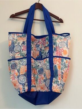 Large Beach Swim Mesh Tote 4 Open Pockets, Bright Colors, “Surf” + “Sun” Text